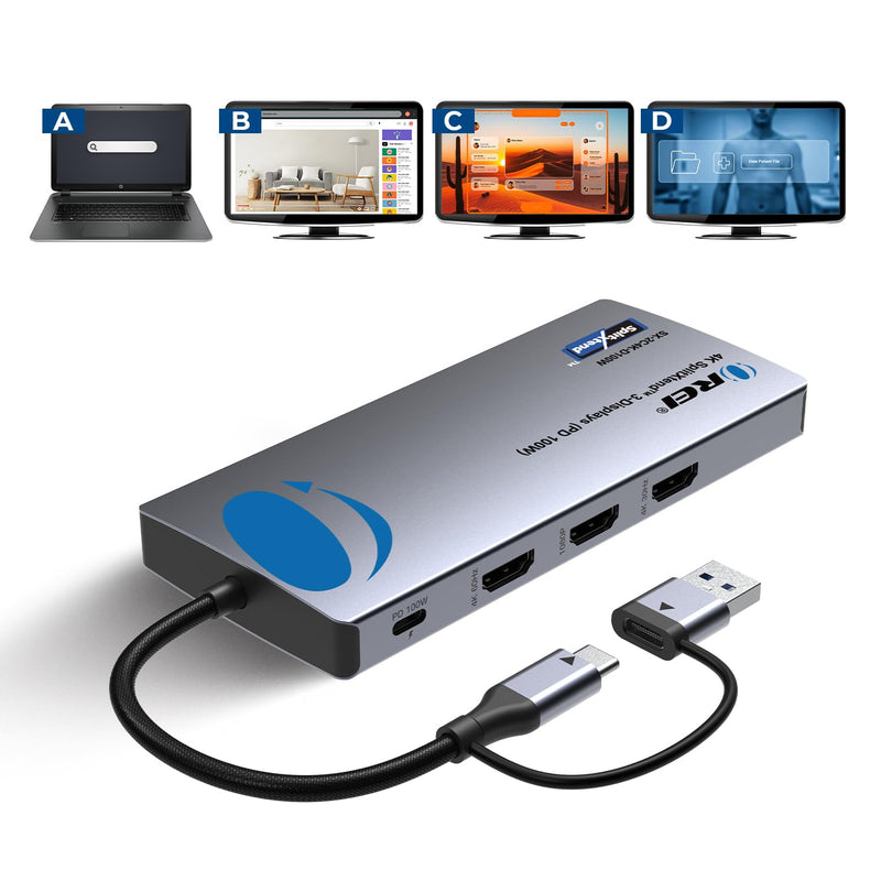 OREI SplitExtend Laptop Docking Station 3 Monitors - 2X USB 3.0, 1x Type-C, SD Card Reader - USB C Docking Station to HDMI 2.0 Extended Screen, 4K@30Hz Outputs - 100W PD
