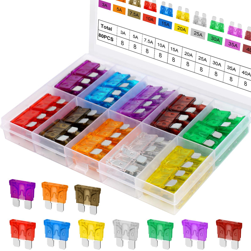 80Pcs Standard Fuse Kit, Upgraded Car Fuses Assortment Kit - Standard Size(3A/5A/7.5A/10A/15A/20A/25A/30A/35A/40A), Fuses Automotive kit for Cars, Trucks, Motorcycle, Camper, SUV
