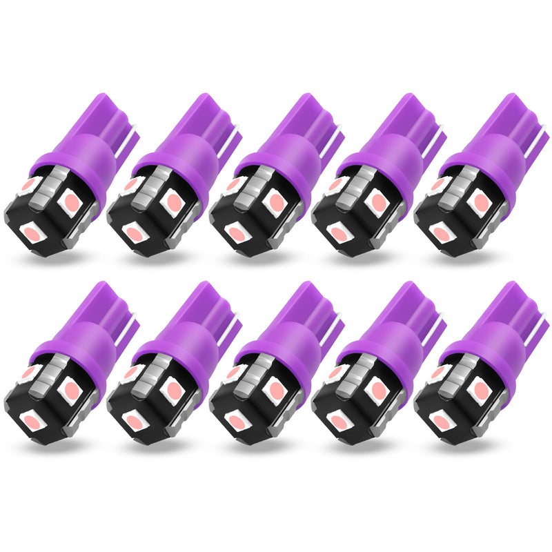PHINLION 194 LED Light Bulb Purple 168 2825 W5W T10 Wedge 5-SMD 3030 Chipsets LED Replacement Bulbs for Car Interior Dome Map Door Courtesy Parking License Plate Lights, Pack of 10