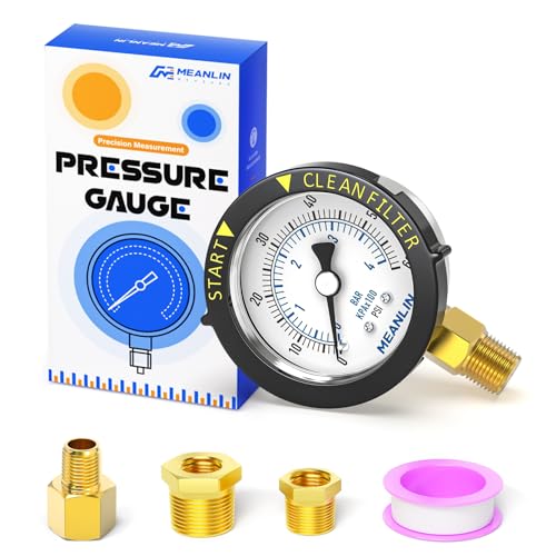 MEANLIN MEASURE 0~60Psi Stainless Steel Start and Clean Filter Pressure Gauge 1/4" NPT Waterproof for Pool Filter Pump Swimming Pool, Spa Lower Mount with Rotatable Plastic Frame and Hex Bushing With adapter