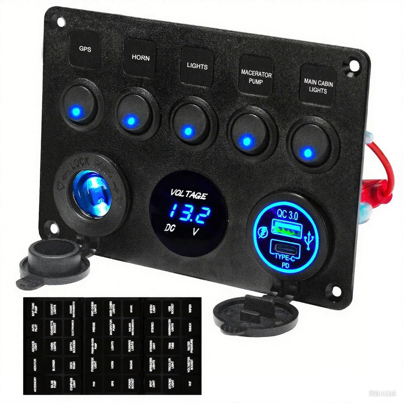 Upgraded 5 Gang Rocker Switch Panel - Type-C/QC 3.0 USB, Digital Volmeter, 12V Outlet, Pre-Wired with Circuit Breakers for RV/Car/Boat/Truck, 2-Year Warranty (Blue) Blue