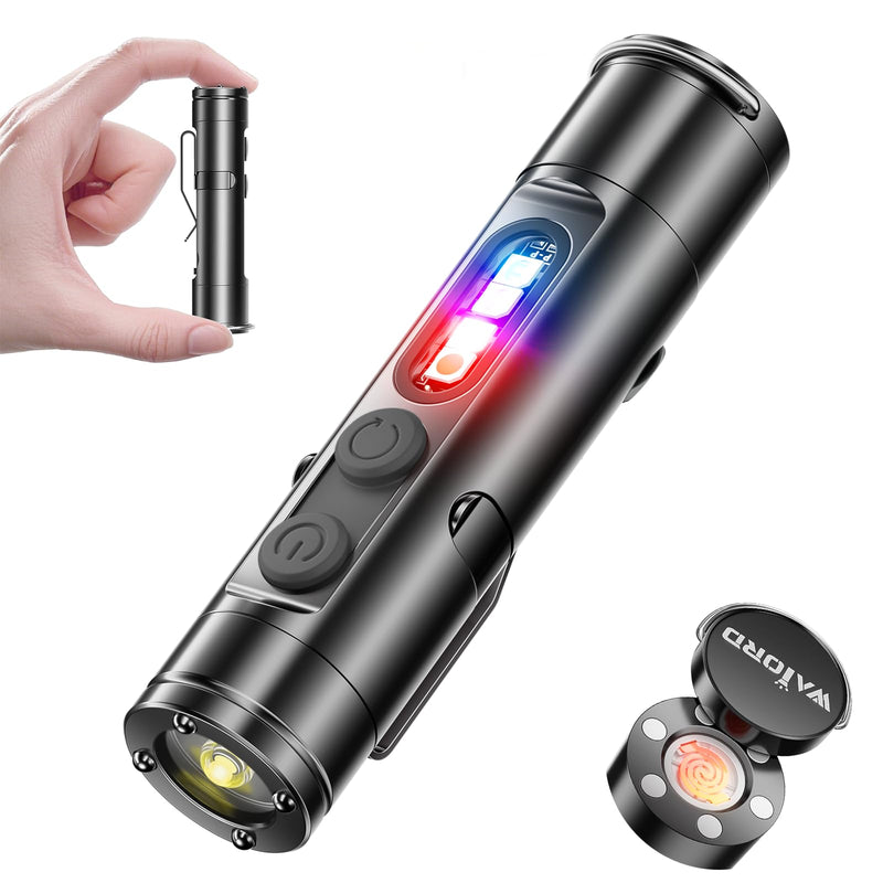 Taclite Mini – Ultimate Everyday Micro Tool K2 Mini Flashlight with COB Light, 6-in-1 Rechargeable Keychain Torch, Side Lights, Strobe, Magnet, Window Breaker, Electric Lighter – EDC Survival Tool Black