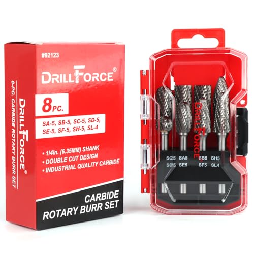 8PCS Carbide Burr Set 1/4" Shank, Double Cut Tungsten Carbide Rotary Tool Attachment Kit Rasp Accessories for Die Grinder Metal Wood Carving, Engraving, Polishing, Deburring 8PCS(Double Cut 2)