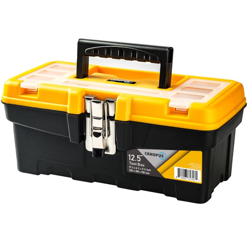 CANOPUS Plastic Toolbox, 12.5-inch Portable Tool Box with Metallic Clutch, Tool Organizer with Extra Storage Tray for Home Tools, Nails and Pins, Black-Yellow