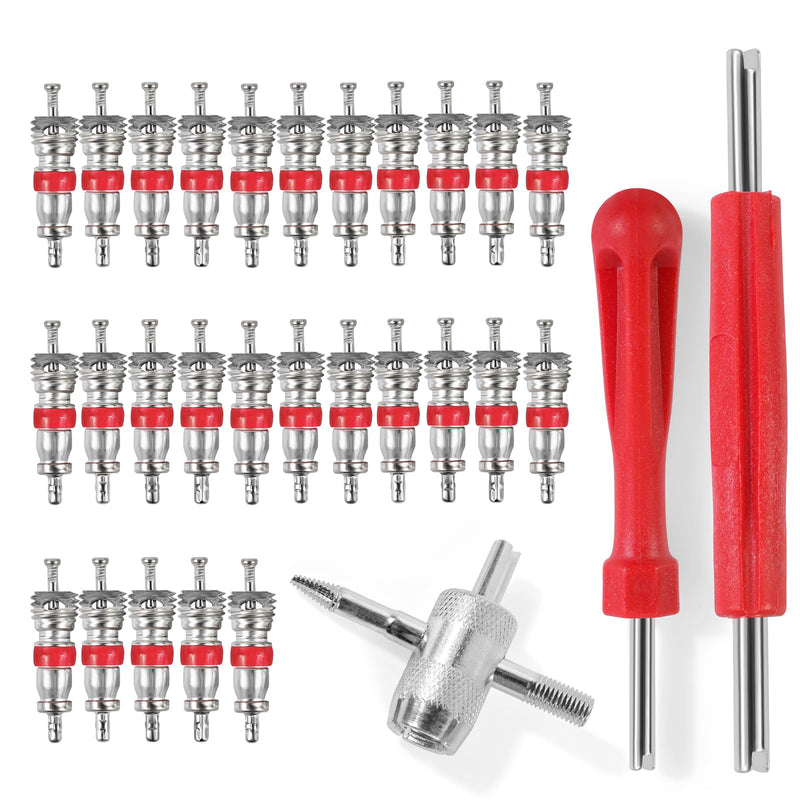30Pcs Tire Valve Stem Tools, with 3Pcs Tire Valve Stem Removal Tool & 27 Zn Alloy Cores, Multifunction 4in1 Dual Single Head Valve Core Remover Installer Adapters