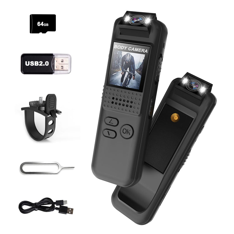 Body Camera, Mini Sports Camera with 64GB TF Card, 1080P HD Body Cam, 180° Rotatable Lens, Small Action Video Camcorder with Magnetic Back Clip & Bike Mount, POV Cam for Bike, Outdoor Use