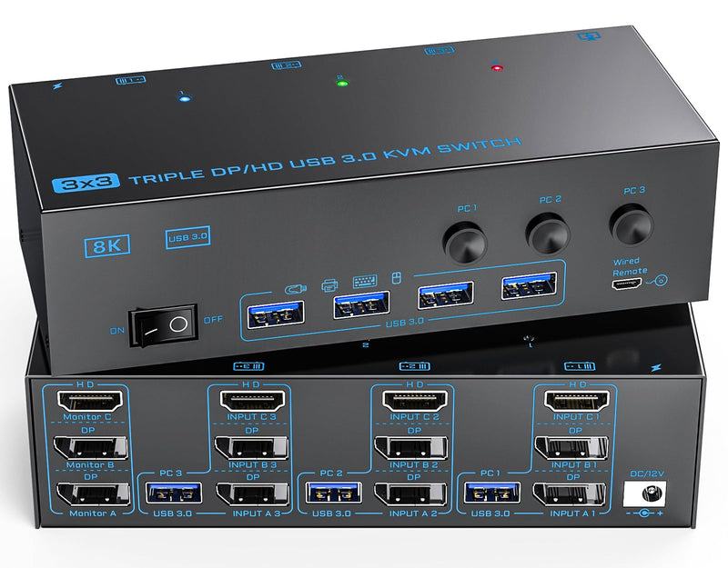 KVM Switch 3 Monitors 3 Computers, ANXQQ 8K@60Hz 4K@144Hz Triple Monitor KVM, HDMI + Displayport KVM Switch with 4 USB 3.0 Ports, 3 Monitor KVM with Power Adapter and Wired Remote 3 Computers 3 Monitors