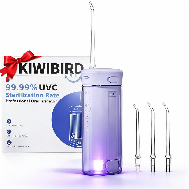 KIWIBIRD Mini Water Flosser for Travel, Ultra-Portable Cordless Oral Irrigator with UVC Light, IPX8 Waterproof 3 Modes, 230mL Teeth Cleaner for Tonsil Stones & Braces Care - Home & Travel (Purple) Purple