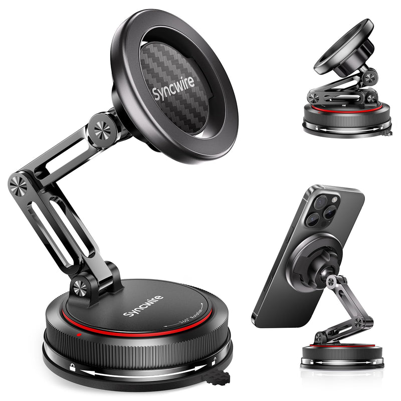 SYNCWIRE for MagSafe Car Mount [3-Axis Design] Strong Suction Cup Magnetic Phone Holder, 360° Rotation, Compatible with iPhone 17 Pro Max 16 15 14 13 12, Samsung, Carbon Fiber Head, Gloss Black Arm 3-Axis | Carbon Fiber