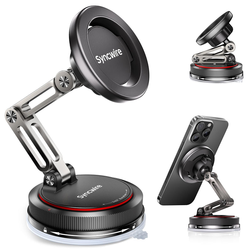 SYNCWIRE for MagSafe Car Mount [3-Axis] Nano Adhesive Gel + Strong Suction Cup Magnetic Phone Holder for Dashboard & Windshield, 360° Adjustable for iPhone 17 16 15 14 13 12, Samsung, Matte Black 3-Axis | Black