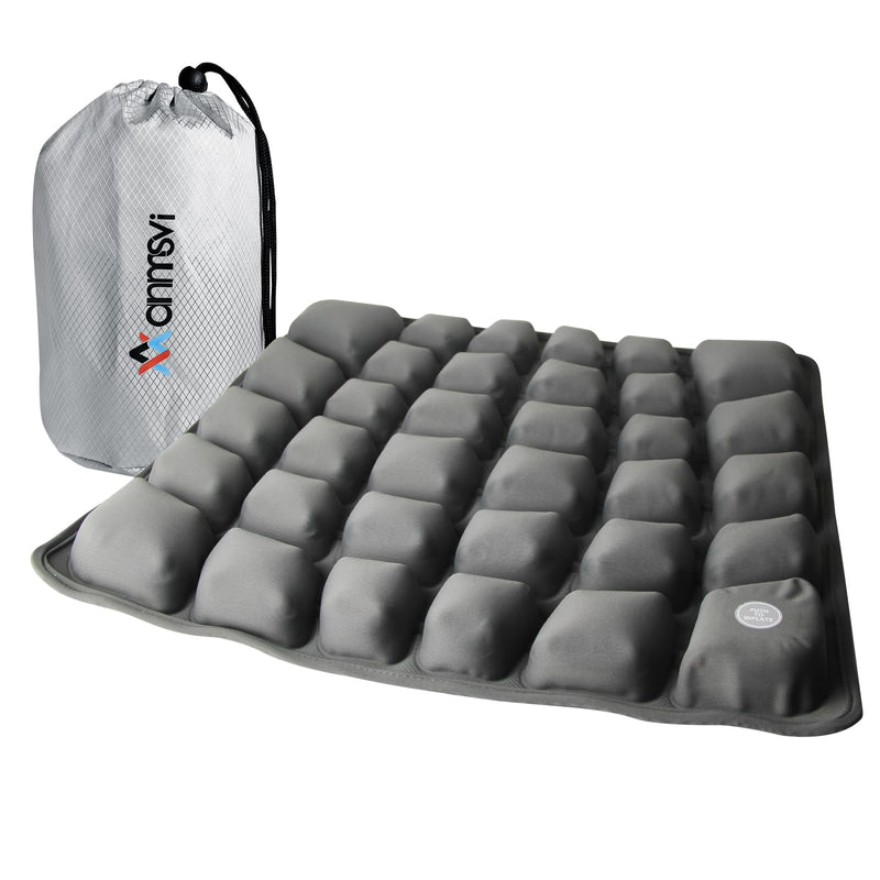 Air Inflatable Travel Seat Cushion with Built-in Pump & Carry Bag– Portable & Adjustable for Airplane, Car, Office – Coccyx, Sciatica & Tailbone Pain Relief (Gray) Gray Cushion With Silver Storage Bag