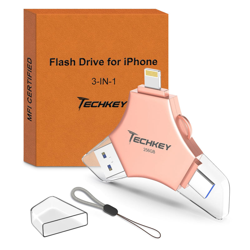 MFi Certified USB 3.0 Flash Drive 256GB for iPhone 3in1 External Memory Photo Keeper Storage Stick for Picture/Video/Data Saver/Backup High Speed Thumb/Jump/Hard Drives for iPad/Android/PC (Rose Gold) 256 GB Rose Gold