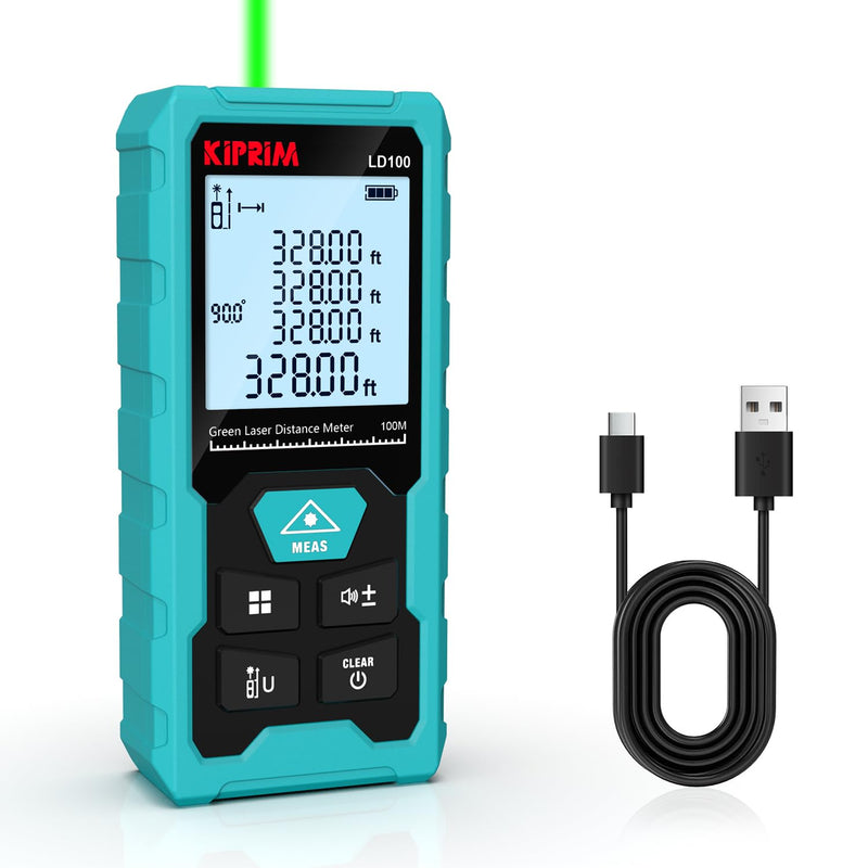 Kiprim Green Laser Distance Meter, 328ft Measuring Tool with USB Type-C Rechargeable Battery, ±1/16" Accuracy, Electronic Level, 10 Modes, Class II Laser, Reflector Plate LD100