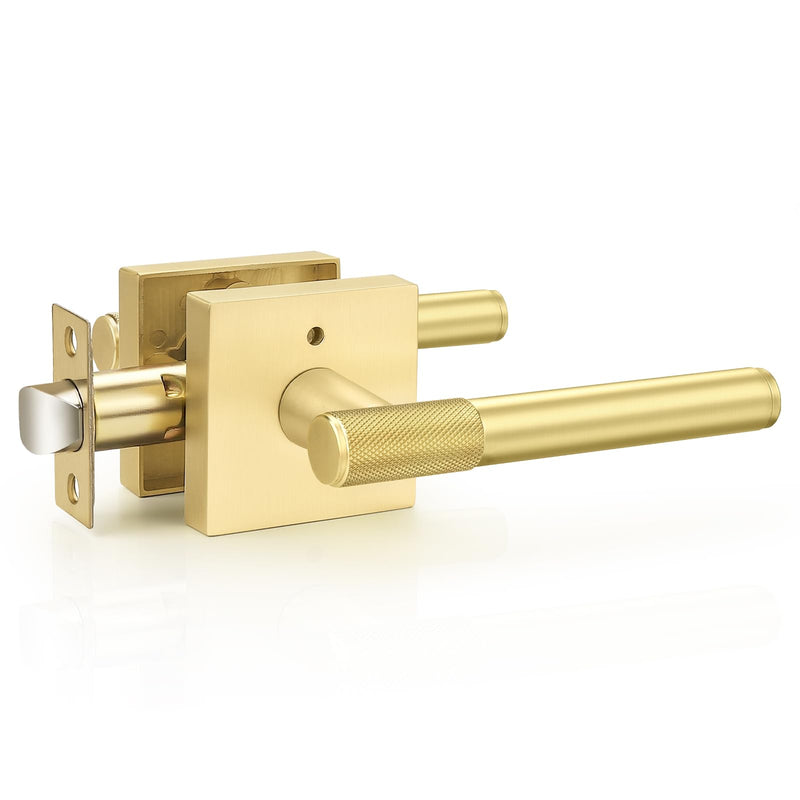 Probrico Brushed Gold Privacy Door Handle Interior, Knurled Keyless Locking Square Door Lever Handles, Reversible for Bathroom and Bedroom, 1 Pack