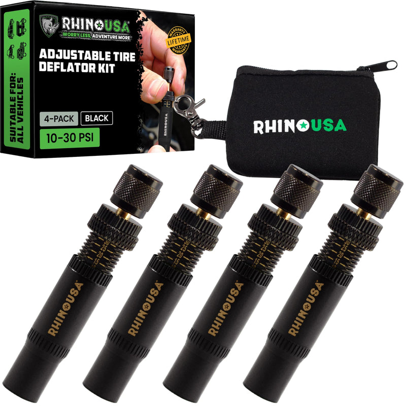 Rhino USA Adjustable Tire Deflator Kit (10-30 PSI) Ultimate Screw-on Automatic Tire Deflators for Offroad - Quick & Easy Air Down System for The Trails - Best Jeep Off Road Accessories (4-Pack) -Black Black