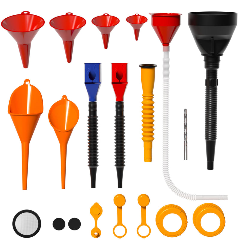 KJE 19 Pcs Automotive Funnel Set, Spout Replacements, Plastic Wide Mouth Transmission Funnels, Flexible Oil Funnel Kit for Automotive Use