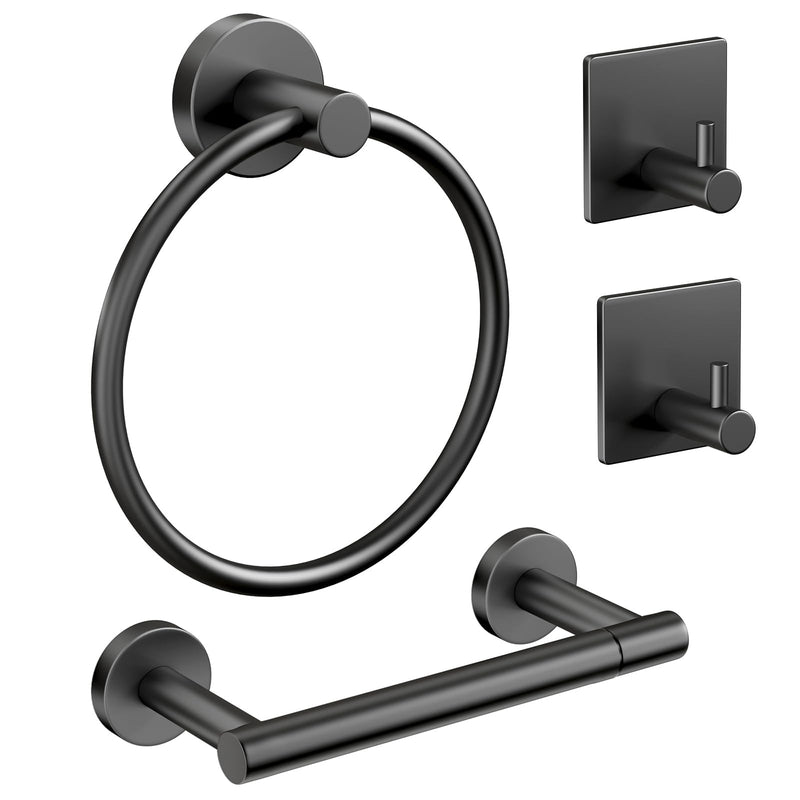 Pokim Matte Black Bathroom Hardware Set - SUS304 Stainless Steel Toilet Paper Holder,Towel Ring and 2 Robe Hooks,Rustproof,Wall Mounted 4 Piece Bathroom Accessories,Easy Installation for Bathroom