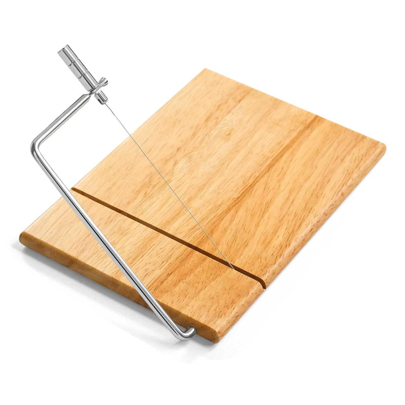 LZMS Wooden Cheese Cutting Board, Cheese Slicer Kit with Replaceable Stainless Steel Cutting Wire, Guillotine for Effortless Block Cheese, Sausage, Ham and Jerky Slicing (Rubberwood) Rubberwood