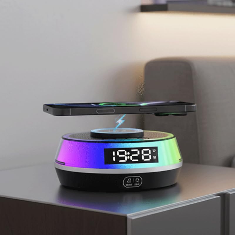 Wireless Charger Alarm Clock for Bedroom, 5W Bluetooth Speaker, 12 Soothing Sounds Machine, Dual Alarms, RGB Light, Ideal Gift for Heavy Sleepers, Adults, Teens, Kids, Senior(Black)
