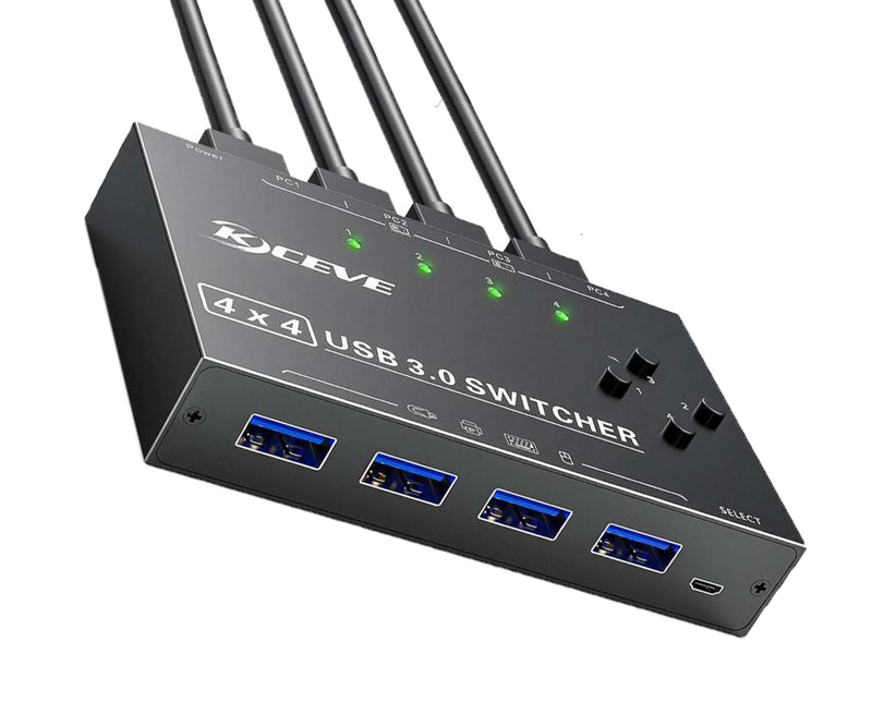 USB 3.0 Switch Selector 4 Computers, 4 Port USB KVM Switch for 4 PC Share 4 USB Devices for Keyboard Mouse Printer, Wired Remote and 4 USB 3.0 Cables Included USB 3.0 KVM Switch 4 Computers