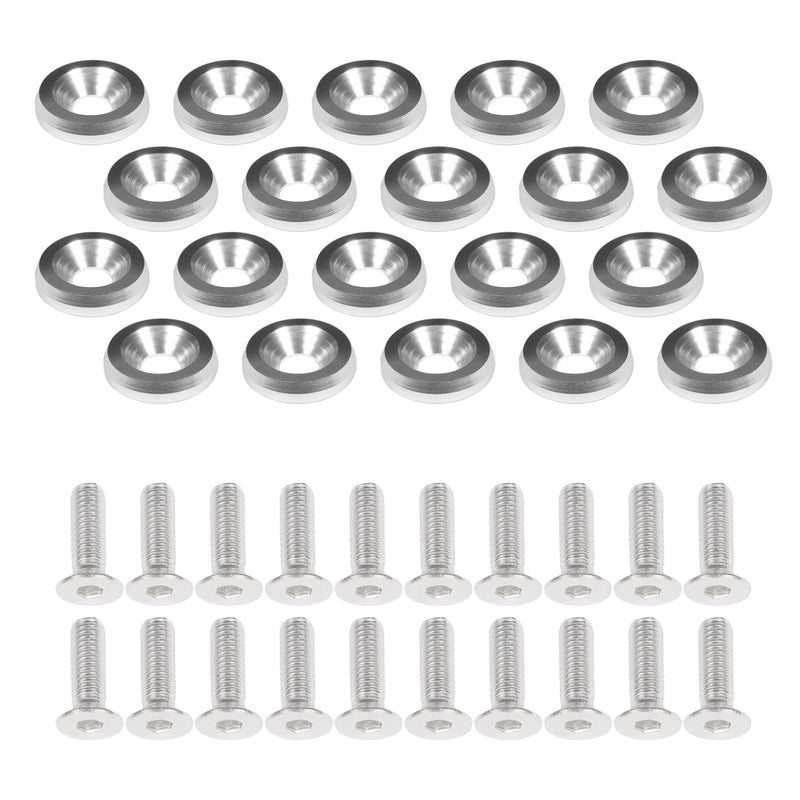20PCS M6×20mm CNC Aluminum Washer and Bolt Kit – 6-Color Engine Bay Dress-Up Fasteners for Fender, Bumper, Body Panels (SilverTone) SilverTone