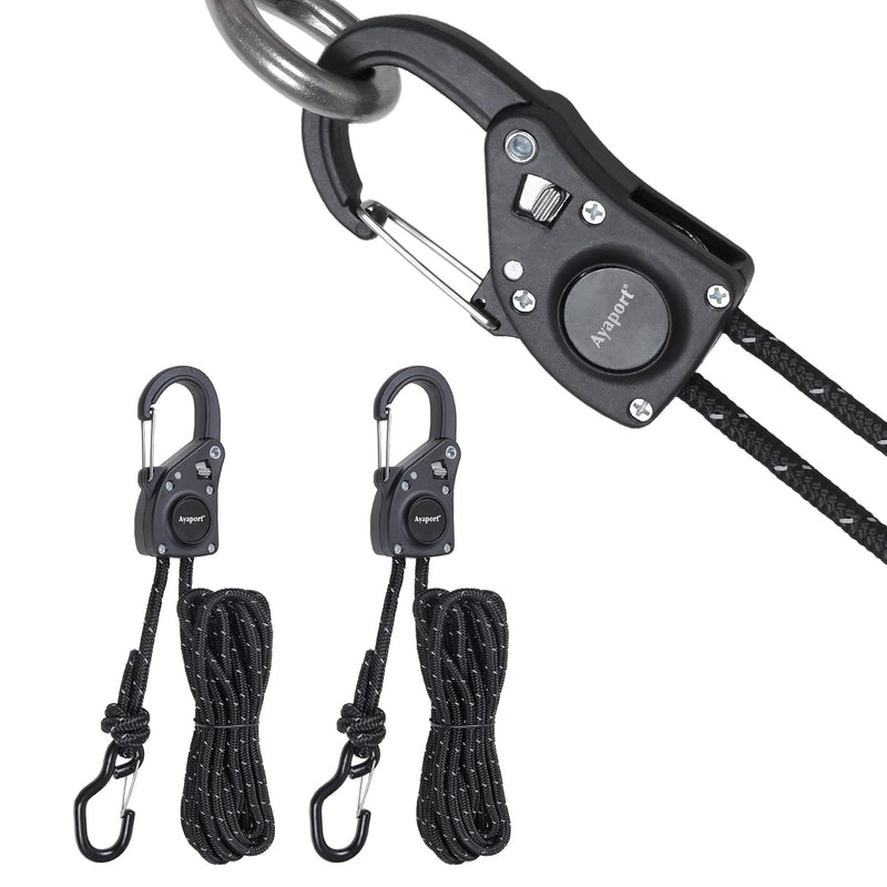 Ayaport Rope Tie Down Ratchet with Carabiner Clip 1/4" x 12' Rope Cord Tightener Heavy Duty Construction Kayak tie Downs for Tent, Tarp, Camping Black 1/4"x12'-2pcs