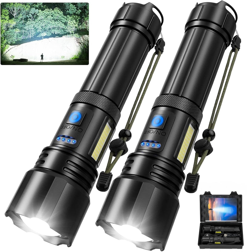 Flashlight Rechargeable Flashlights High Lumens, 99,000 LM Bright LED Flashlight Powered Flash Light, USB Rechargeable Flashlights & Waterproof Handheld Flash lights for Home Camping Hiking(2 Pack) Small