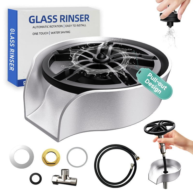 Glass Rinser for Kitchen Sink, High Pressure 360 Degree Rotating Spout Glass Rinser with Pull-out Spray Gun Design, Glass Cup Cleaner Sink Attachment Washer Baby Bottle, Glass Cup, Wine Glass (Silver) Silver