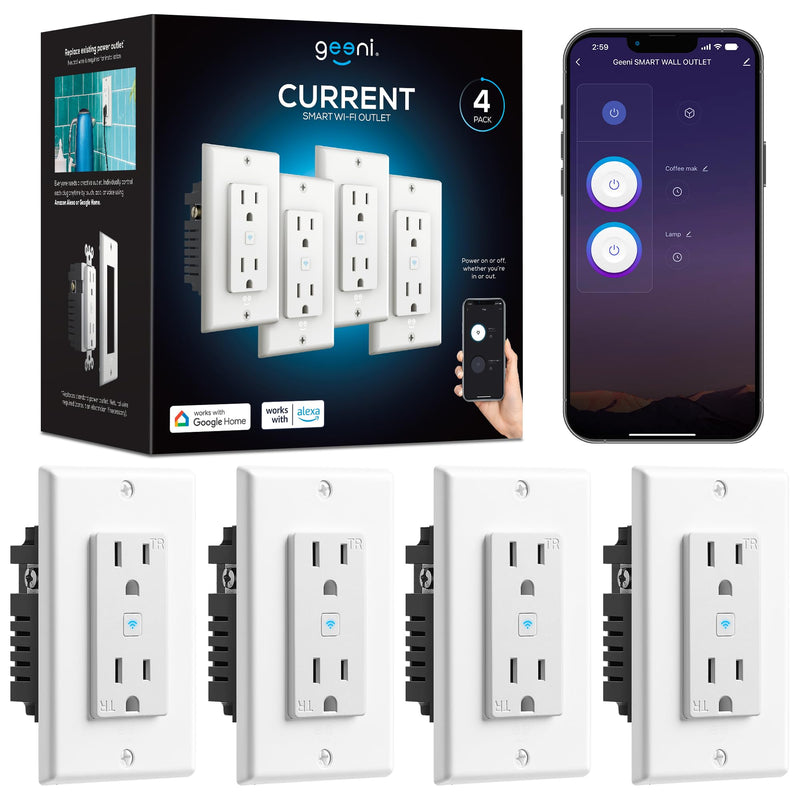 Geeni Smart WiFi in-Wall Outlet, White, 4 Pack – 2 Smart Outlets per Plug, Compatible with Alexa & Google Home, Tamper Resistant, Fire Resistant, App & Voice Control, Requires 2.4GHz WiFi 4-Pack 2-Outlet