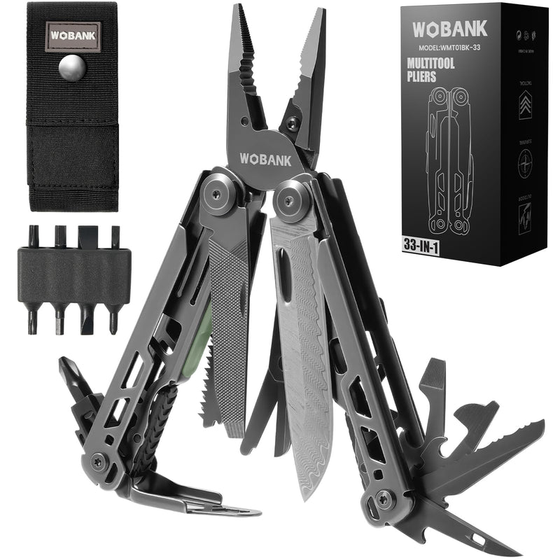 Multitool, 33-in-1 Stainless Steel Multi Tool Pliers with Screwdriver Sleeve, Damascus Pocket Knife, Nylon Sheath for Outdoor, Survival, Camping, Hiking, Simple Repair