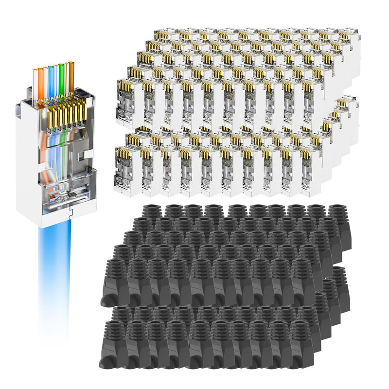 VCE Cat6 Shielded RJ45 Pass Through Connectors with Strain Relief Boots Black, Cat6 Ethernet Modular Plug, Gold Plated 3 Prong for Solid or Stranded S/FTP Network Cable, Supports 10Gbps PoE, 100-Pack 100+100 Pack