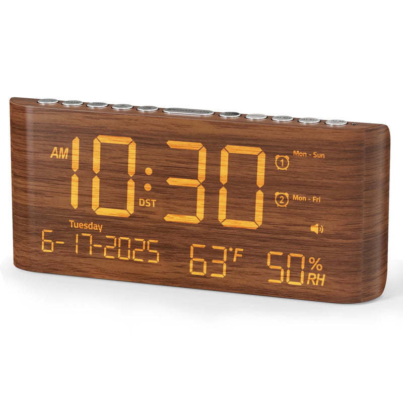 Raynic Digital Alarm Clock, Dual Alarms, 8.7" Large LED Display, USB & Type-C Charging Ports, Temperature & Humidity Display, 5-Level Dimmer & Volume for Bedroom & Home Office, Dark Wood Grain Finish