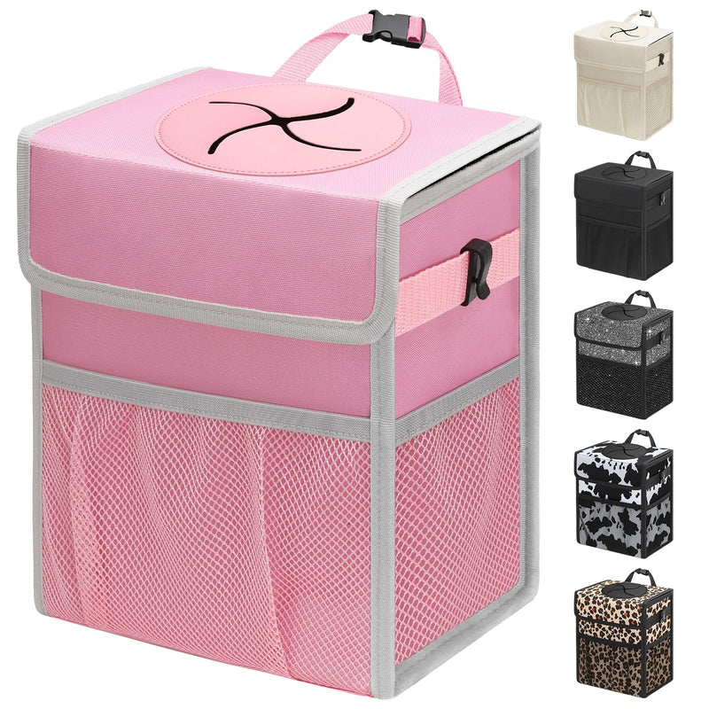 Capolo Car Trash Can with Lid, Leakproof Car Trash Bag Hanging Waterproof Automotive Garbage Can with Storage Pockets Mini Vehicle Trash Bin for Back/Front Seat(Pink,2.5 Gallon) 2.5 Gallons Pink