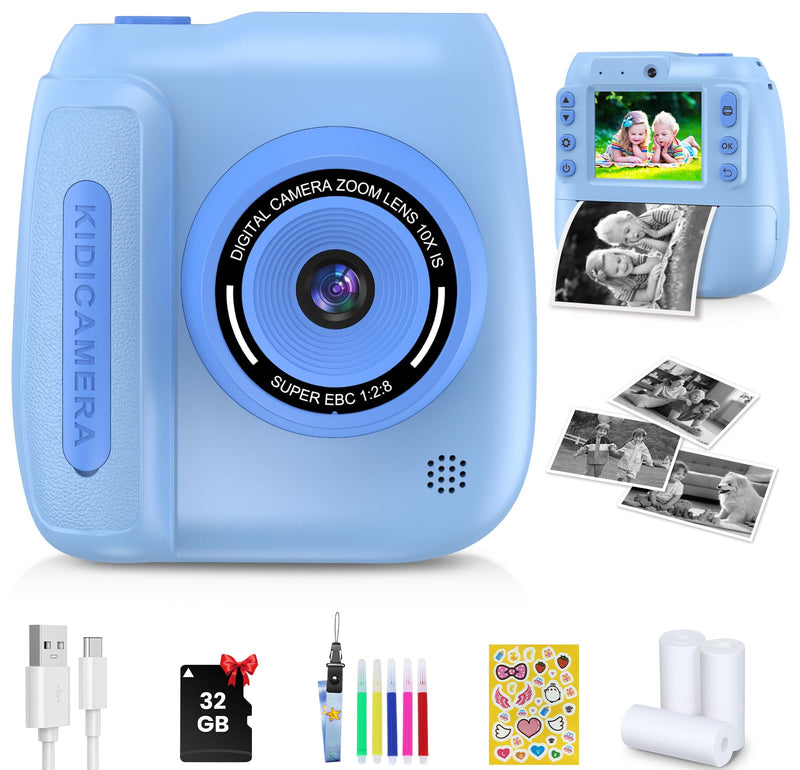 Kids Camera Instant Print, 2.4 Inch Screen Kids Instant Cameras, 1080P Video Recording, Christmas Birthday for Girls Age 3-12, with 3 Rolls Print Paper & 32GB Card, Blue