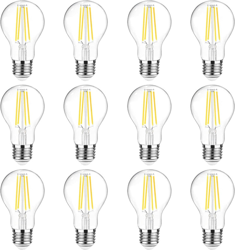 Ascher 60 Watt Equivalent, E26 LED Filament Light Bulbs, Daylight White 4000K, Non-Dimmable, Classic Clear Glass, A19 LED Light Bulb with 80 CRI, Pack of 12 12 Count (Pack of 1)