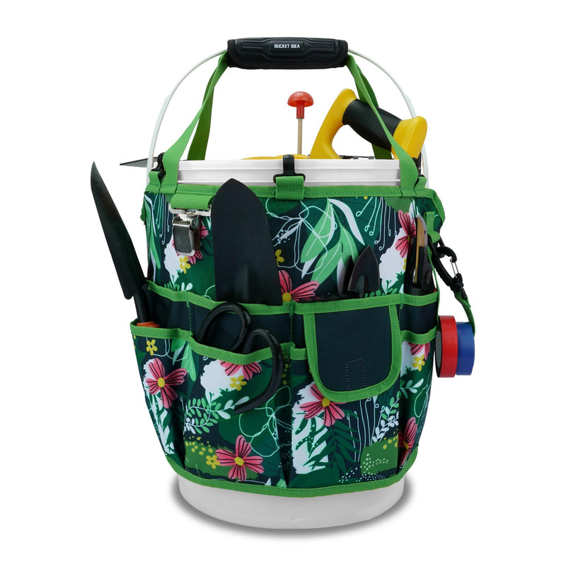 KUNN Bucket Tool Organizer 5 Gallon 18-Pocket Gardening Tool Bag with Hangable Handle | Garden Caddy & Bucket Accessory, Green Green Leaf