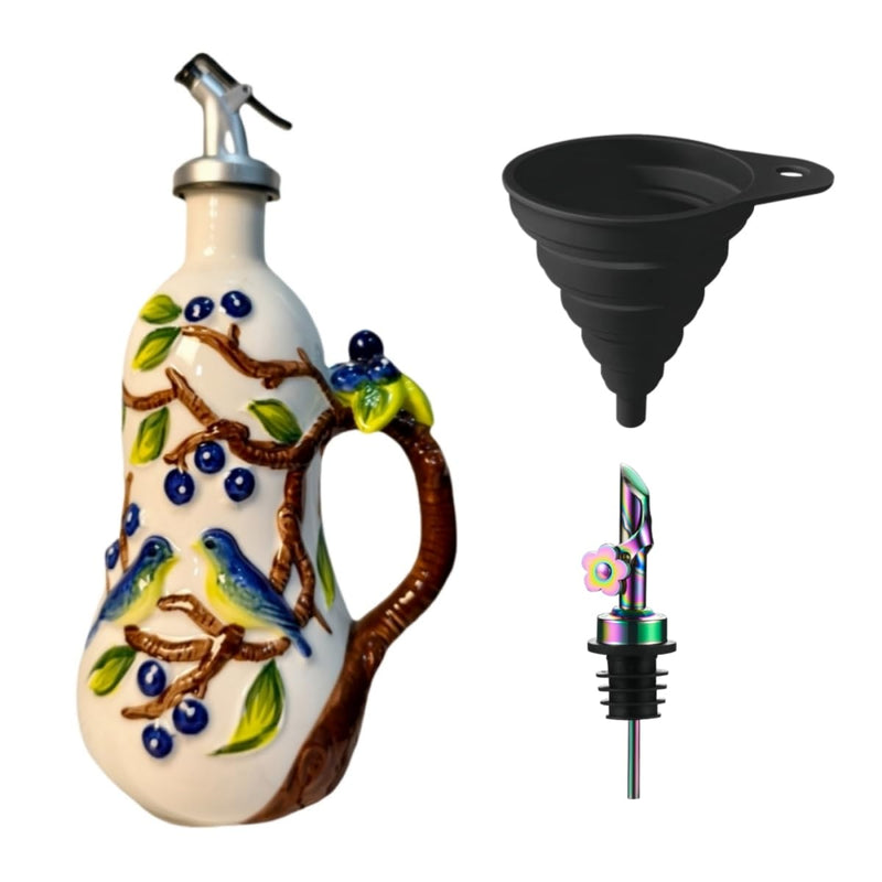 18.26oz/540ml Ceramic Olive Oil Dispenser Bottle,Hand Painted Reliefs Oil Dispenser for Kitchen,Oil Bottles for Kitchen (Blueberry) Blueberry