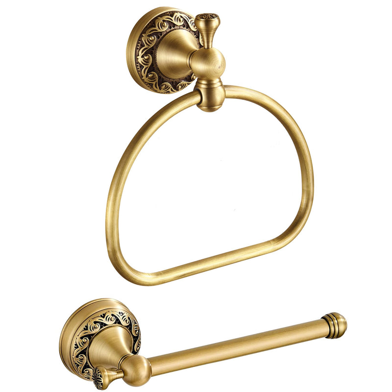 Antique Brass Toilet Paper Holder Towel Ring, Brushed Brass Towel Holder Toilet Paper Roll Holder, Rustic Towel Rack Bathroom Accessories Set Hardware 2 Pieces Farmhouse Wall Mounted