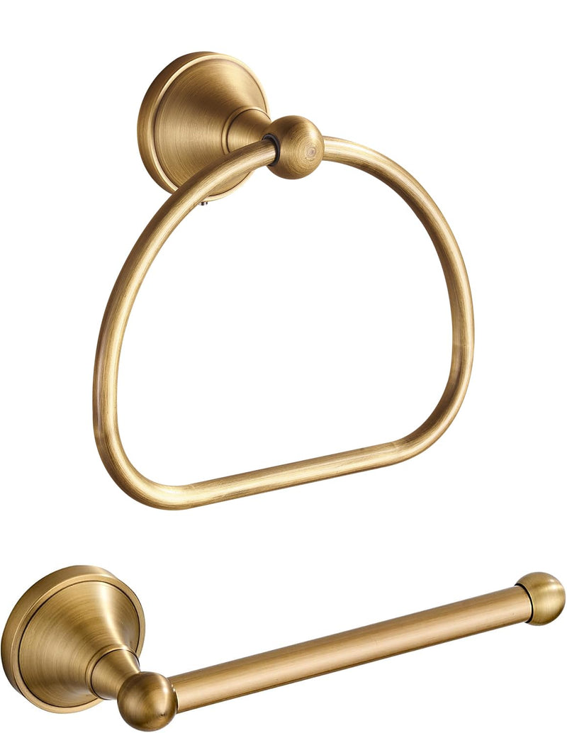 Brass Toilet Paper Holder Towel Ring, Antique Brass Towel Holder Toilet Paper Roll Holder, Rustic Towel Rack Bathroom Accessories Set Hardware 2 Pieces Farmhouse Wall Mounted