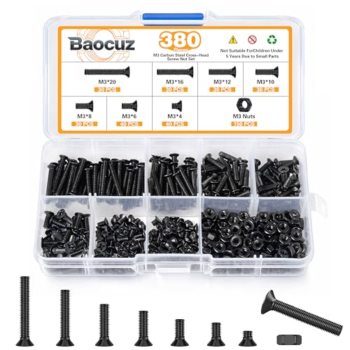 380 Pcs M3 Black Flat Head Machine Screws and Hex Nuts Kit Carbon Steel Countersunk Head Phillips Screws Bolts Assortment,M3 x 4mm/ 6mm/ 8mm/ 10mm/ 12mm/ 16mm/ 20mm 380