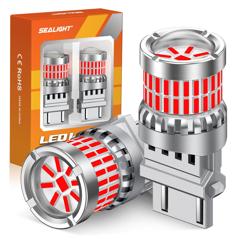 SEALIGHT Brake Light Bulbs 3157 LED Bulb Red, 700% Brighter 3156 3057 4157 4114 LED Bulb 57-SMD LED Chipset with Projector Len for Blinker Brake Light, Tail Light, Stop Parking Lights, Pack of 2