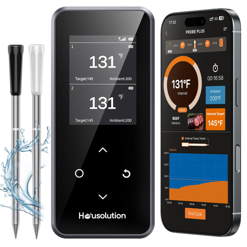 Housolution Wireless Bluetooth Meat Thermometer, Smart App & Standalone Base, Dual Probes & 6 Sensors, 0.5S Instant Read, Large LCD Display, Remote Connection for Cooking, Grilling, Smoking, BBQ Black