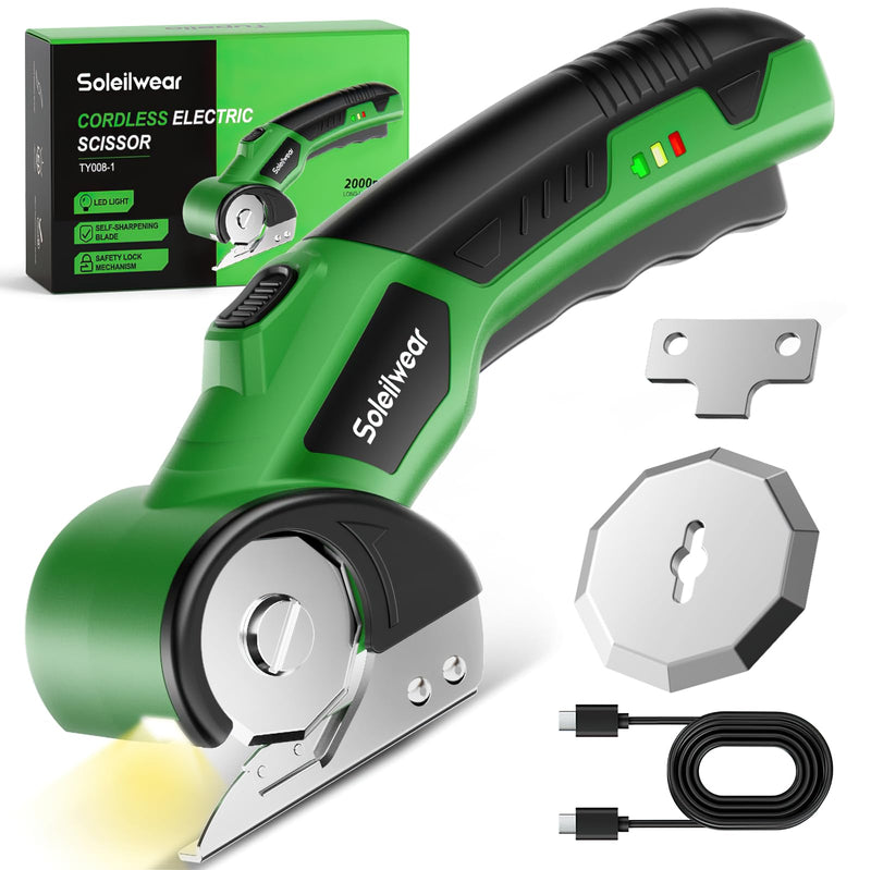 Cardboard Cutter, Rechargeable Cordless Electric Scissors, 4V Upgrade Motor Electric Box Cutter with 2 Blades, Safety Lock & LED Light, Powerful Cutting for Cardboard Box, Plastic, Leather Green