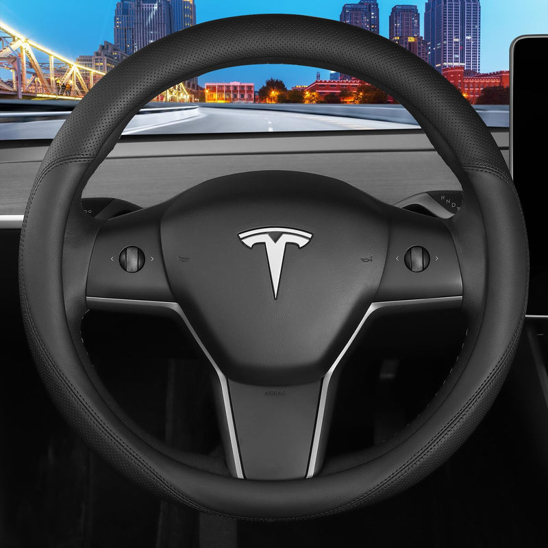 Leather Steering Wheel Cover Custom-Fit for Tesla Model 3/Y 2016-2026, Comfort Grip Design Breathable and Non-Slip, Model 3/Y Car Steering Wheel Protector, Tesla Accessories,Black(A-Style, for Tesla) A-Style