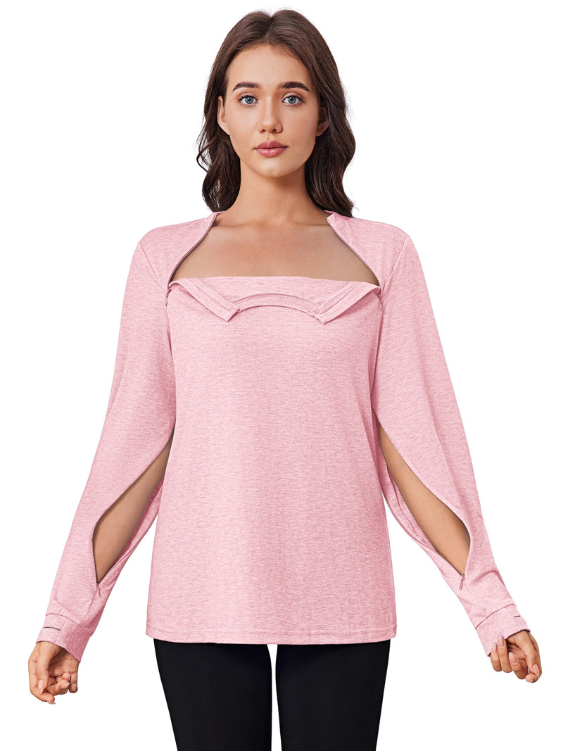 Deyeek Chemo Shirts for Port Access Women Long Sleeve Shoulder Post Surgery Shirt Dialysis Sweatshirts with Arm Zipper Pink Large