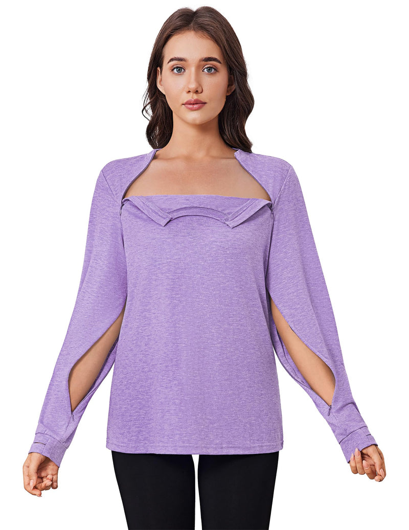 Deyeek Chemo Shirts for Port Access Women Long Sleeve Shoulder Post Surgery Shirt Dialysis Sweatshirts with Arm Zipper Purple X-Large