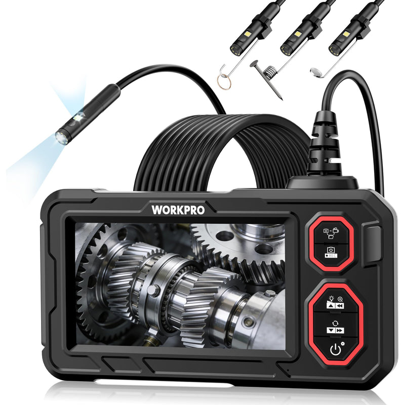 WORKPRO 4.3-Inch Rechargeable Industrial Endoscope Camera, IP67 Waterproof 1920P HD Dual Lens Borescope with 9 Adjustable LEDs, Inspection Camera with 16.4 ft Semi Rigid Cable