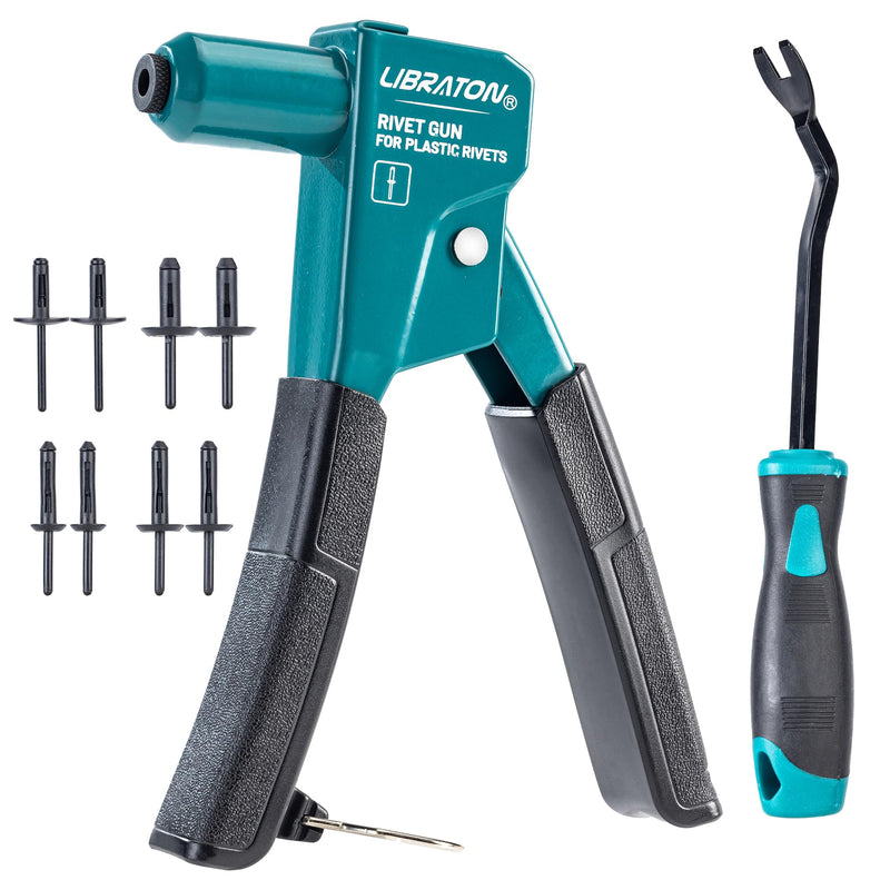 LIBRATON Plastic Rivet Gun Kit, 90 Degree Angle Hand Riveter with 40 Nylon Rivets (4 Sizes), Universal Nosepiece for Automotive/Electronics, Ergonomic & 50% Lighter Force