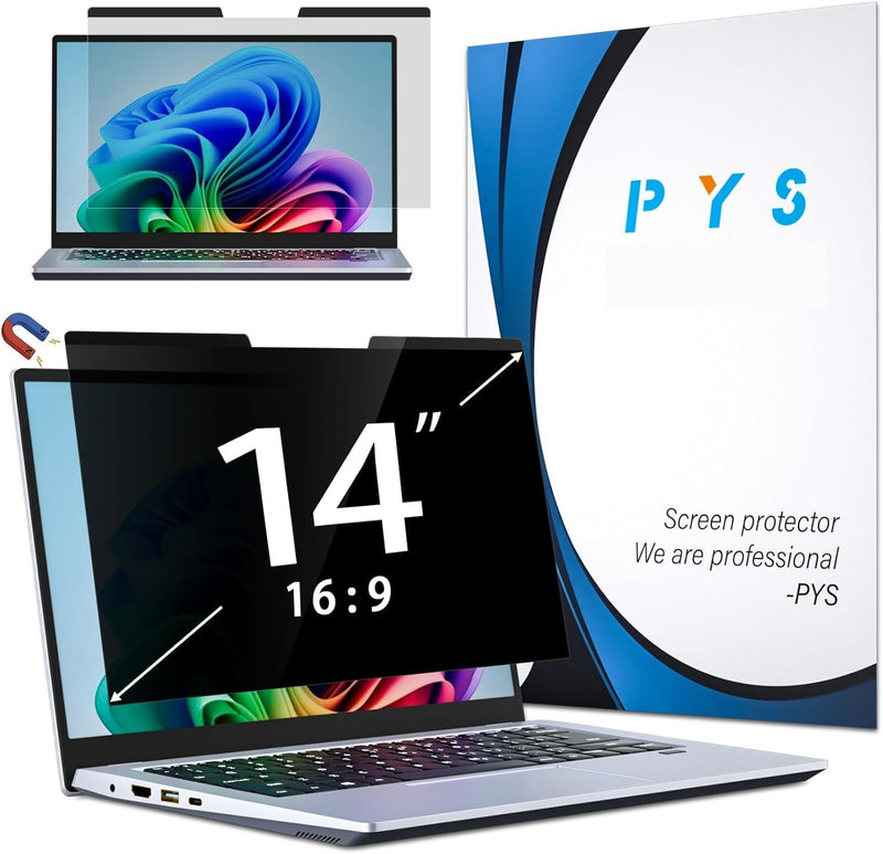 PYS Magnetic Laptop Privacy Screen 14 Inch 16:9 - Laptop Screen Privacy Shield, Anti-Blue Light, Anti-Glare Filter, Removable Screen Protector Black