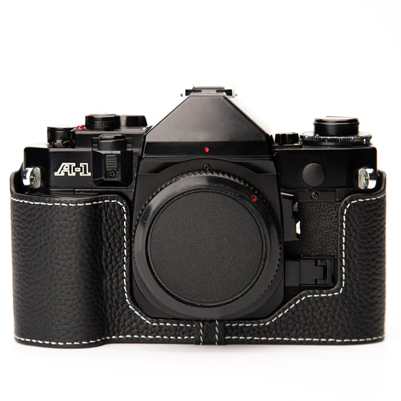 A1 Case New AE-1 case Handmade Genuine Leather Camera Protective Half Camera case, for Canon A-1 New AE-1 (Black-white line) Black-white line